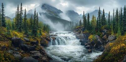 A Mountain Stream Cascading Through Foggy Forest photo