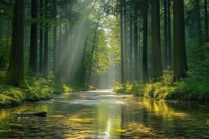 Sunbeams Illuminating a Creek Through a Dense Forest photo
