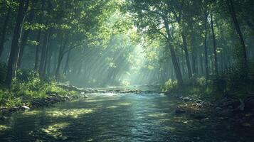 Sunbeams Filtering Through the Canopies of a Lush Forest, Illuminating a Tranquil River photo