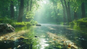 Sunbeams Filtering Through Trees Over a Crystal-Clear River photo