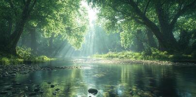 Sunbeams Through Trees Over a Tranquil Forest Stream photo
