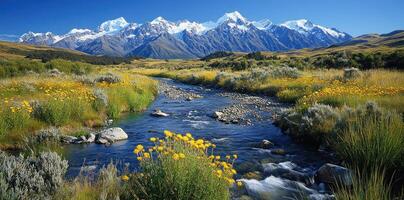 A Tranquil Stream Flowing Through a Meadow With Snow-Capped Mountains in the Background photo