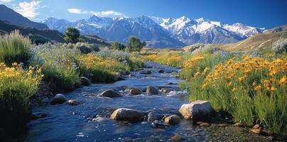 A Mountain Stream Flows Through a Field of Wildflowers photo