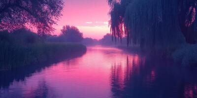 A Serene River Reflecting a Pink and Purple Dawn photo