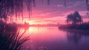 A Pink Sunset Over a Calm Lake with Willow Trees and Grass photo