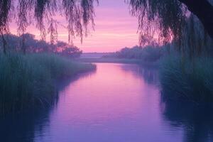 Tranquil River at Dawn with Pink Sky and Willow Trees photo