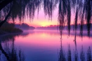 Silhouetted Willow Branches Framing a Pink Sunset Over a Misty Lake photo