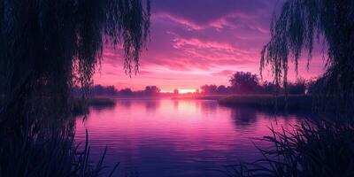 Pink Sunset Reflected in a Tranquil Lake Surrounded by Trees photo