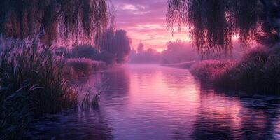 Serene River at Dawn with Pink Sky and Willow Trees photo