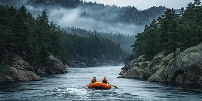 Two Rafters Navigating a Foggy River Through a Mountain Gorge photo