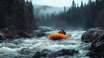 Rafting Through a Misty Forest River photo