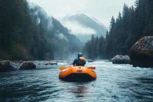 A lone rafter navigates a river through a misty mountain valley. photo