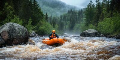 A Man in an Orange Raft Navigating Whitewater Rapids in a Forested Landscape photo