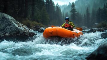 Rafting through rapids in a foggy forest photo