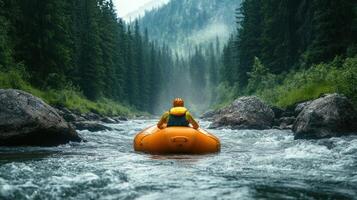 Rear View of a Rafter Navigating a Fast-Moving River Through a Forested Gorge photo