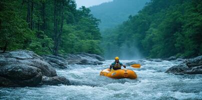 A lone kayaker navigates a rapid river amidst a lush forested landscape. photo