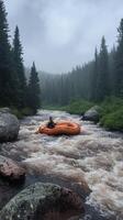 A lone rafter navigating a turbulent river through a misty forest photo
