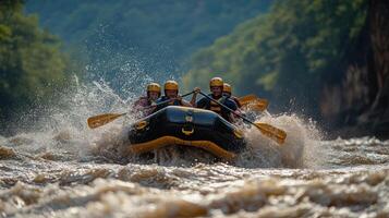 Rafting Team Navigating Rapids with Splashing Water photo