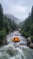 Two People In An Inflatable Raft Navigating A Rushing River Through A Foggy Mountain Valley photo