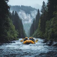 Four People in a Yellow Raft Navigating a River in a Forest photo