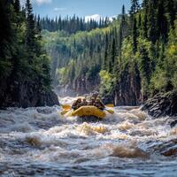 A Group of People in a Yellow Raft Navigating a River Rapid photo