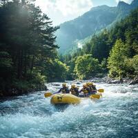 Group of people rafting down a fast-moving river surrounded by trees and mountains photo