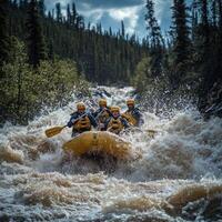 A group of four people in a yellow raft navigate a turbulent river. photo