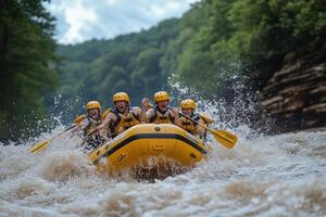 Four Men in a Yellow Raft Navigating a River Rapid photo