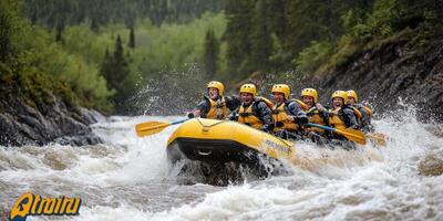 Group of people rafting down a river in a yellow raft photo