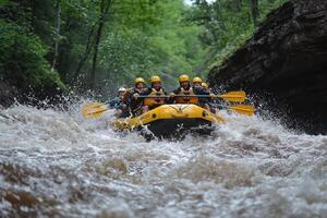 Group of Adventurers Rafting through Whitewater Rapids photo