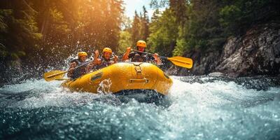Three People In A Yellow Raft Navigating A Fast-Moving River photo