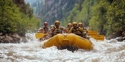Group of people rafting down a fast-flowing river with splashing water photo