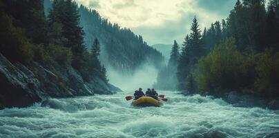 Three Rafters Navigating Turbulent Rapids in a Forested Canyon photo