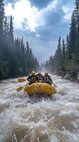 Three People in a Yellow Raft Navigating a River Rapids photo