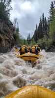 Rafting Through Foamy Rapids In A Wooded Mountain River photo