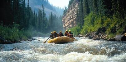 Group of Rafters Navigate a Rapids in a River Surrounded by Trees photo