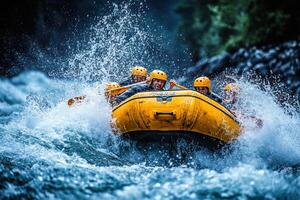 A group of people in a yellow raft navigate a turbulent river, splashing water in all directions. photo