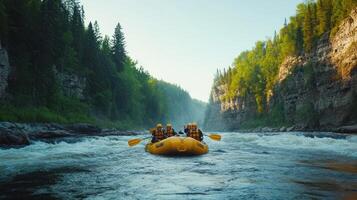 Group of four people rafting down a river in a canyon photo