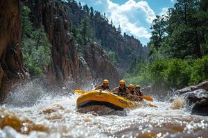 Rafting through a mountain river surrounded by trees photo