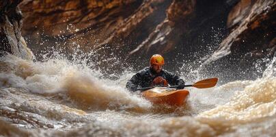 Kayaker Navigating a Class IV Rapid with Splashing Water photo