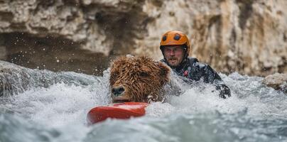 A man in a kayak with a brown bear cub riding in front of him photo