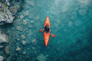 Overhead View of a Single Person Kayaking in a Tranquil Lake photo