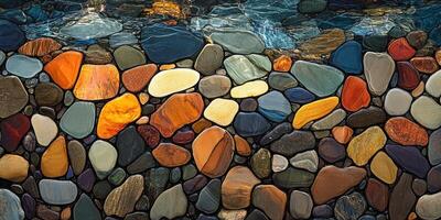 A Mosaic of Smooth, Colorful Stones Under a Rippling Stream photo