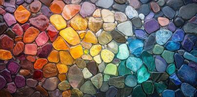 A Colorful Mosaic of Smooth Pebbles Arranged in a Rainbow Gradient photo
