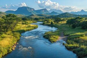 Serene River Winding Through Lush Valley with Mountain Range in Background photo