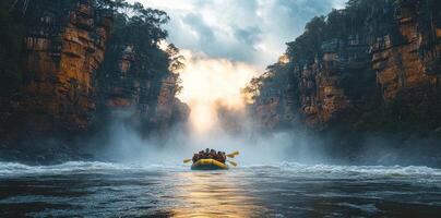 A Yellow Raft Navigates Rapids Through a Gorge Under a Misty Sky photo