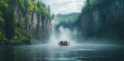 Rafting through a misty canyon with towering cliffs photo