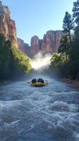 A raft navigating a rapid river in a canyon with mist photo