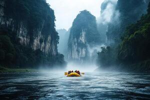 Rafting through a misty canyon with towering cliffs. photo