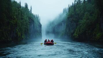 Rafting through a misty, forested canyon photo